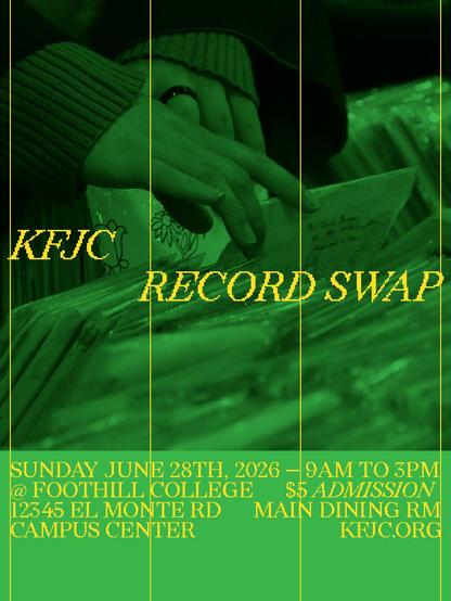 SUNDAY, June 28th, 2026
From 9am to 3pm
@ Foothill College campus dining hall
(12345 El Monte Road, Los Altos Hills)
$5 donation at the door
All Ages — Parking is free!
Vinyl, CDs, posters, cassettes, music memorabilia, merch, and a whole lot more!