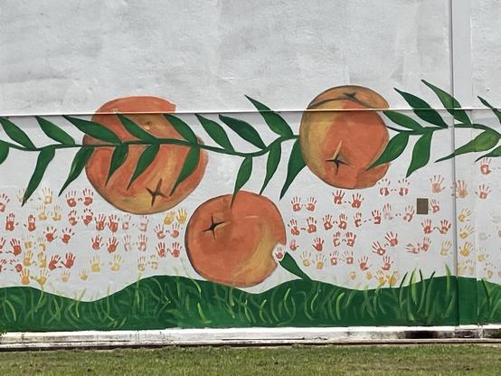 A small section of a mural painted on the side of a large warehouse. Against a white background, there are gently rolling grassy hills (likely meant to be interpreted as mounds). Above, there are large oranges among foliage. This segment of the mural features dozens of handprints in various shades of red, orange, and yellow. Carnes Avenue at Grand Street, Orange Mound, Memphis, Tennessee, June 26th 2026