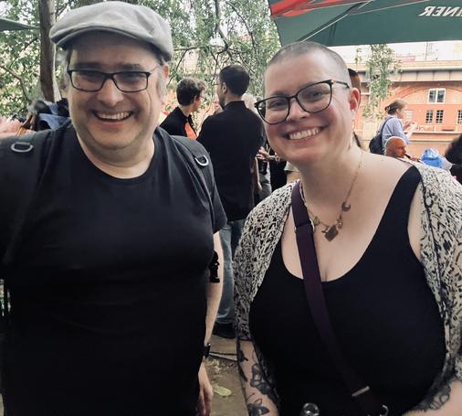 Standing outside of c-base next to American science fiction writer Becky Chambers