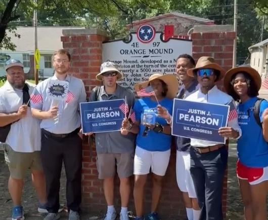 Justin J Pearson and his parents, with several campaign volunteers who showed up to canvass for Justin on this Independence Day. I’m 3rd from the left. We’re standing next to the historic marker for Orange Mound, Memphis, Tennessee 