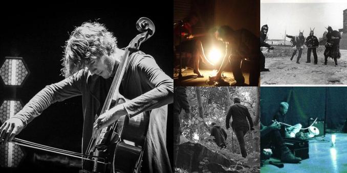 Collage of photos of the bands Sebastian Plano, Brothers of the Occult Sisterhood, Raccoo-oo-oon, Tape, RV Paintings
