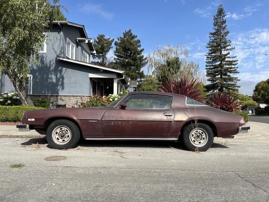 Same car, full side profile. There’s a tall weed growing out from underneath the rear wheel.