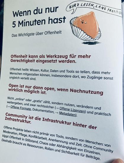 Eine Seite aus dem „ABC der Offenheit“: Eine Illustration zeigt ein kleines Gebäck mit Augen und Mund in einer weißen Papierform; darüber befindet sich ein Bogen mit der Aufschrift „KURZ LESEN, LANG PROFITIEREN“. Der Text auf dem Blatt lautet: „Wenn du nur 5 Minuten hast. Das Wichtigste über Offenheit. Offenheit kann als Werkzeug für mehr Gerechtigkeit eingesetzt werden. Offenheit heißt: Wissen, Kultur, Daten und Tools so teilen, dass mehr Menschen mitgestalten können, insbesondere dort, wo Zug…