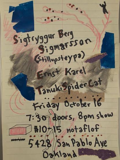 Hand-drawn flyer with extraneous decorative elements in pink and blue.